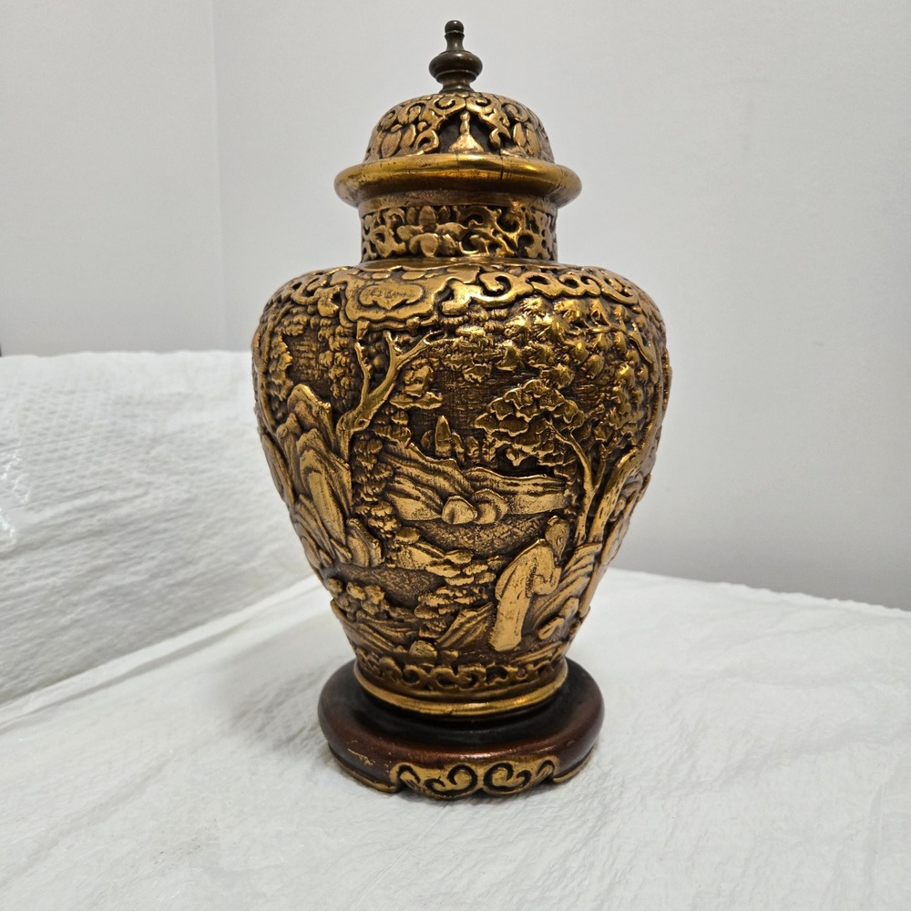 Vintage Chinese Gold Cinnabar Ginger Jar Urn Carved Relief Landscape 11.5in